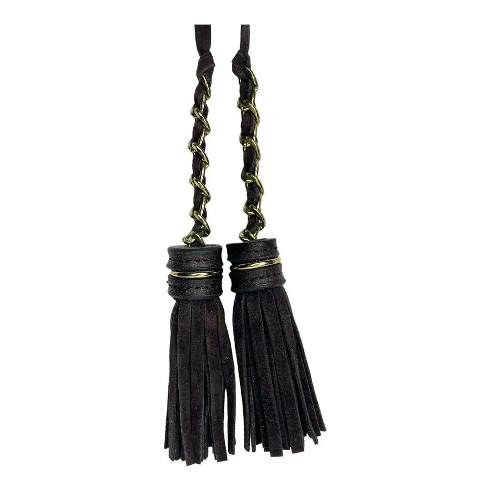 Leather Purse Charm Double Brown Suede Leather Gold Chain Tassels Handbag Fob